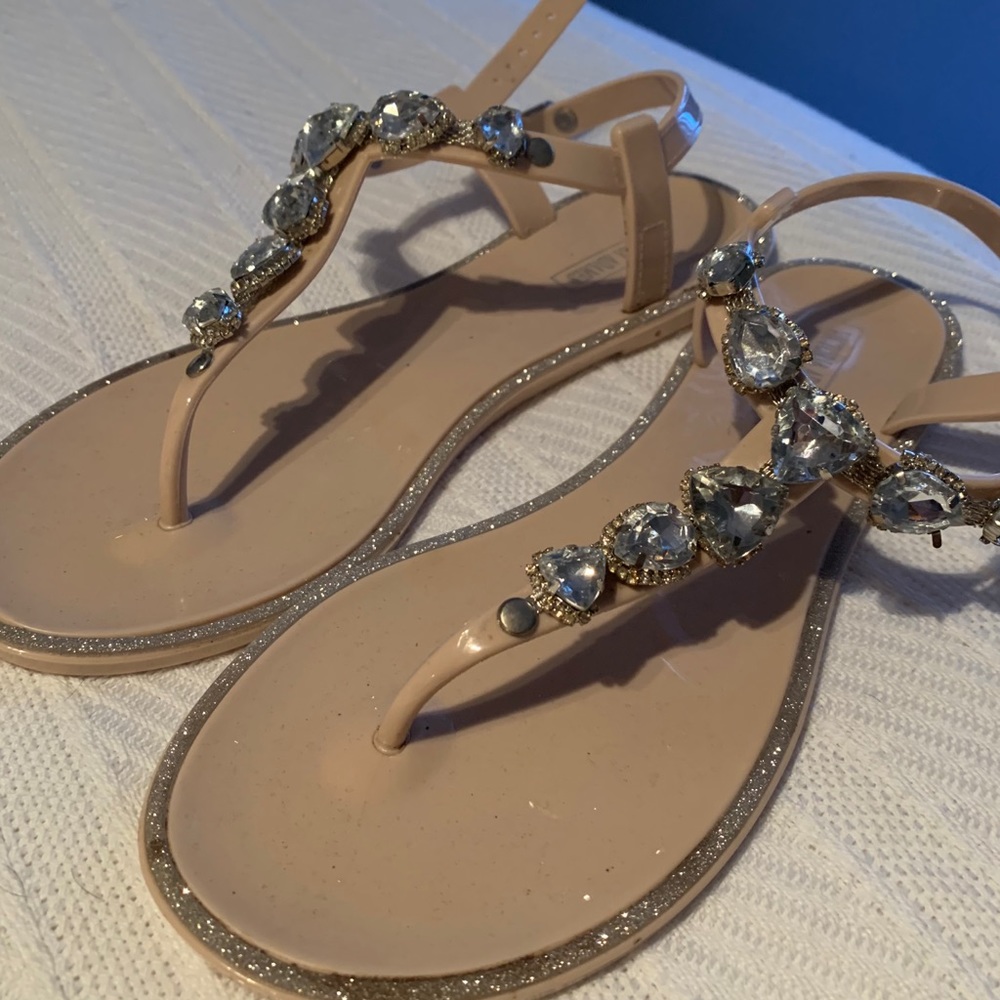 Nude Jeweled T-Strap Sandals with Sparkling Accents - Picture 2 of 4